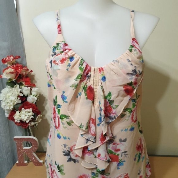 CITY CHIC Plus Size XS (AU 14) Peach V-Neck Sleeveless Top Floral Ruffle Front - Picture 7 of 12